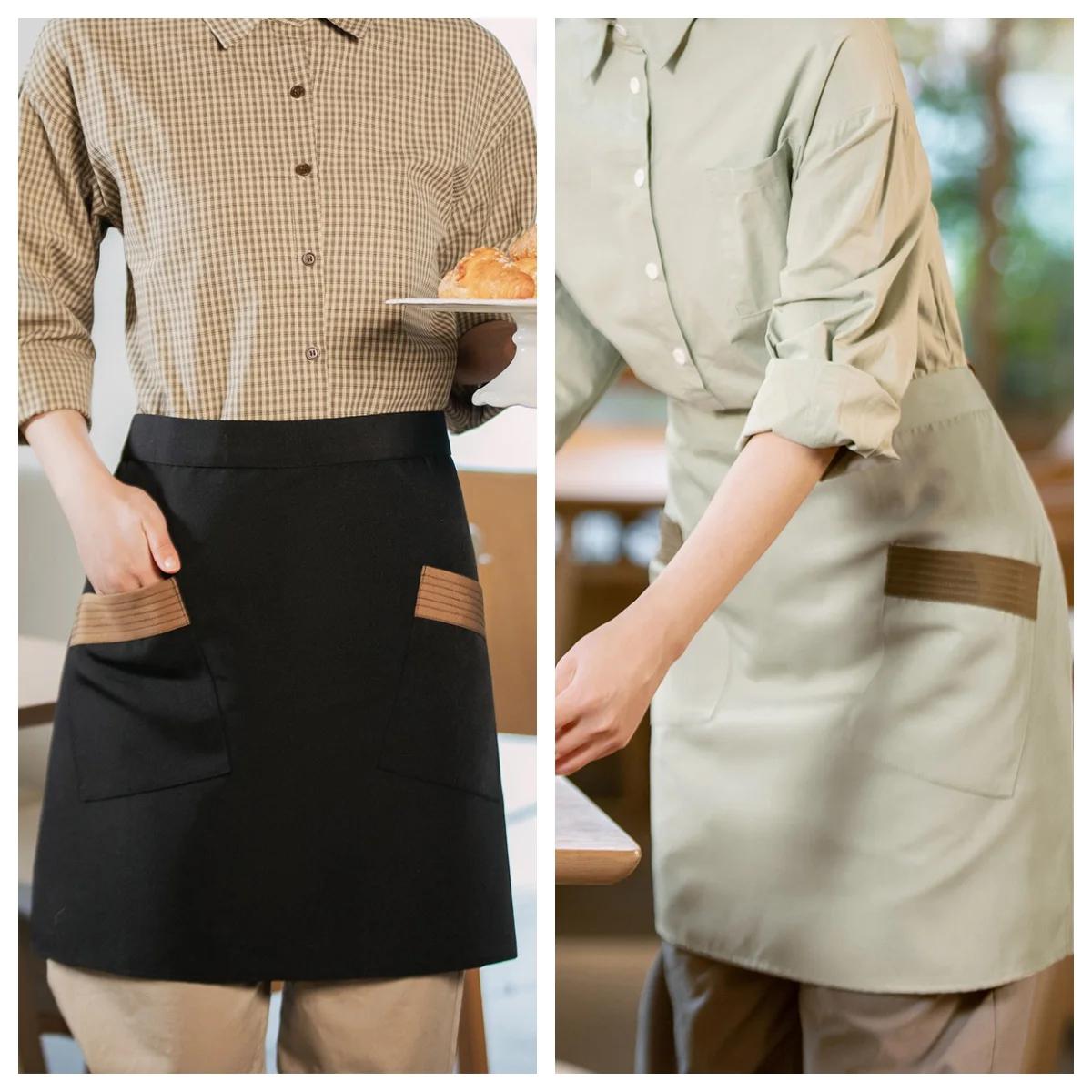 1 Piece Waist Apron for Ladies Kitchen Restaurant Waitress Apron with Side Pockets And Reinforced Seams