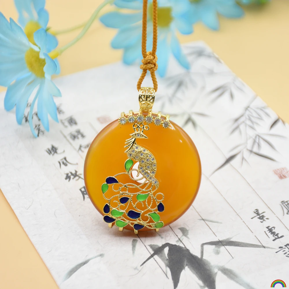 Rwbuy brand design natural yellow agate safety buckle pendant, Chinese landscape Thai blue phoenix jade pendant