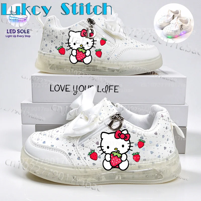 Kids Girls Flashing LED Shoes Cute Cartoon Cat Print Zipper Bow Decor Glitter Heart Light Up Casual Sneakers