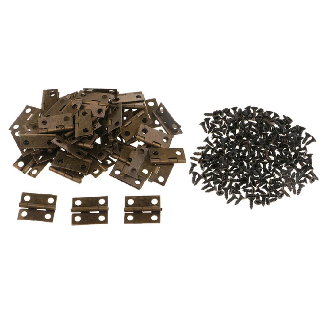 50pcs Miniature Cabinet Hinges, Antique Brass Plated Iron Butt Hinges With Screws For Dollhouse Jewelry Box Drawer Repair, 18x14