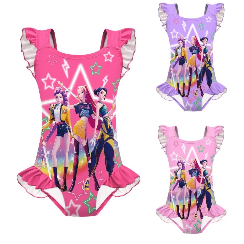

Trendy Toddler Girls One-Piece Swimsuit Set Hunter Witch Coven Print Lace Trim New Style High Stretch Protection for Beach Days
