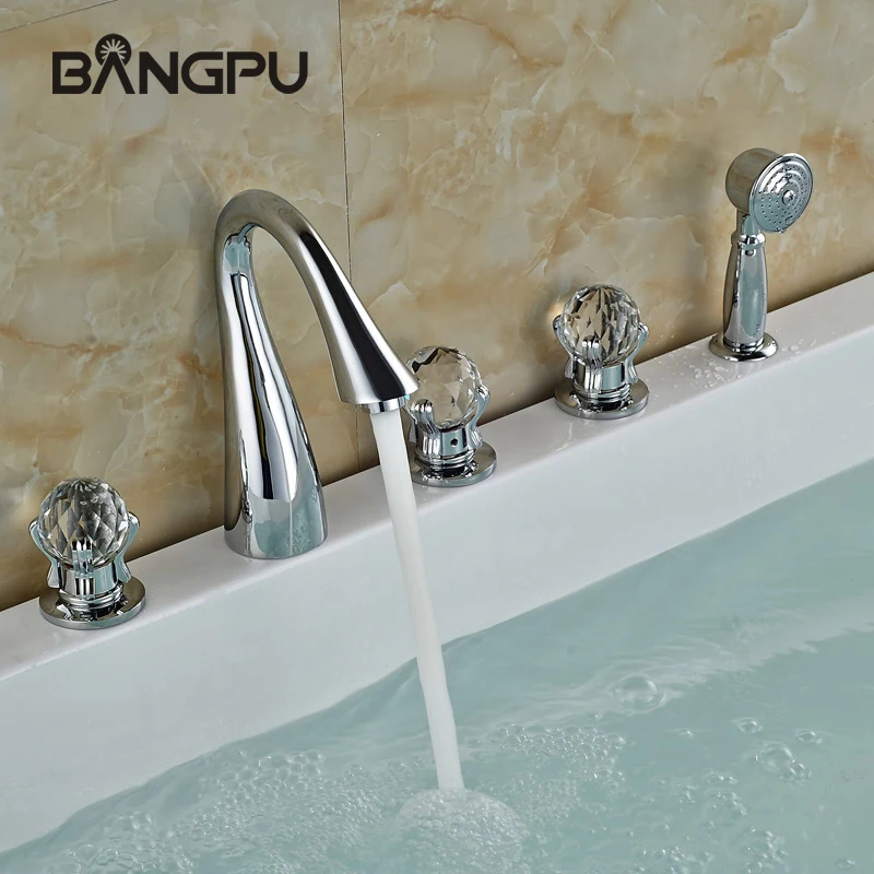 

Deck Mounted Bathtub Faucet Set with Handheld Shower 5 Hole Bathroom Tub Faucet Kit Roman Bath Tub Faucet Set with Hand Shower
