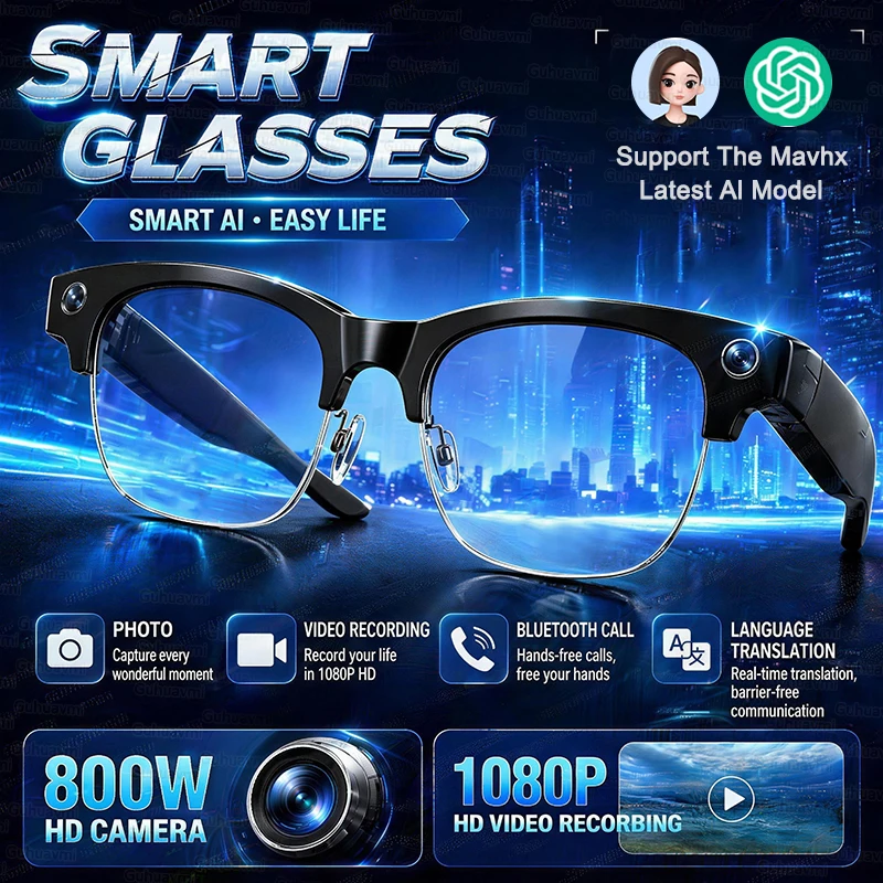 

New HD Upgrade Smart Glasses With 800W Pixel Camera Video Recording AI Photo Recognition Bluetooth Call Translation Sunglasses