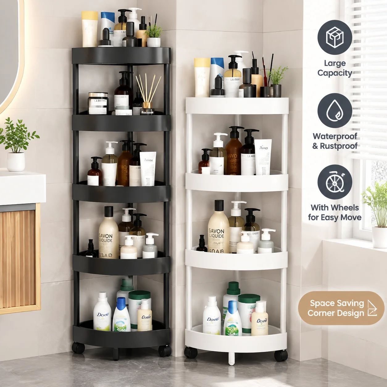 Corner Shelf 5 Tier Storage Rack with Wheels Rolling Bathroom Organizer for Shampoo Toiletries Cosmetics Space Saving Shelf