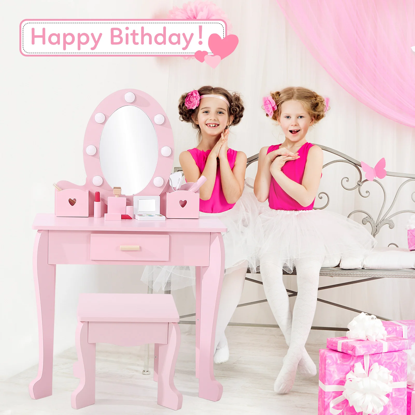 Girls' Vanity Table and Chair Set, Kids Makeup Dressing Table with Lights & Wood Makeup Playset, Kids Vanity Set with Mirror