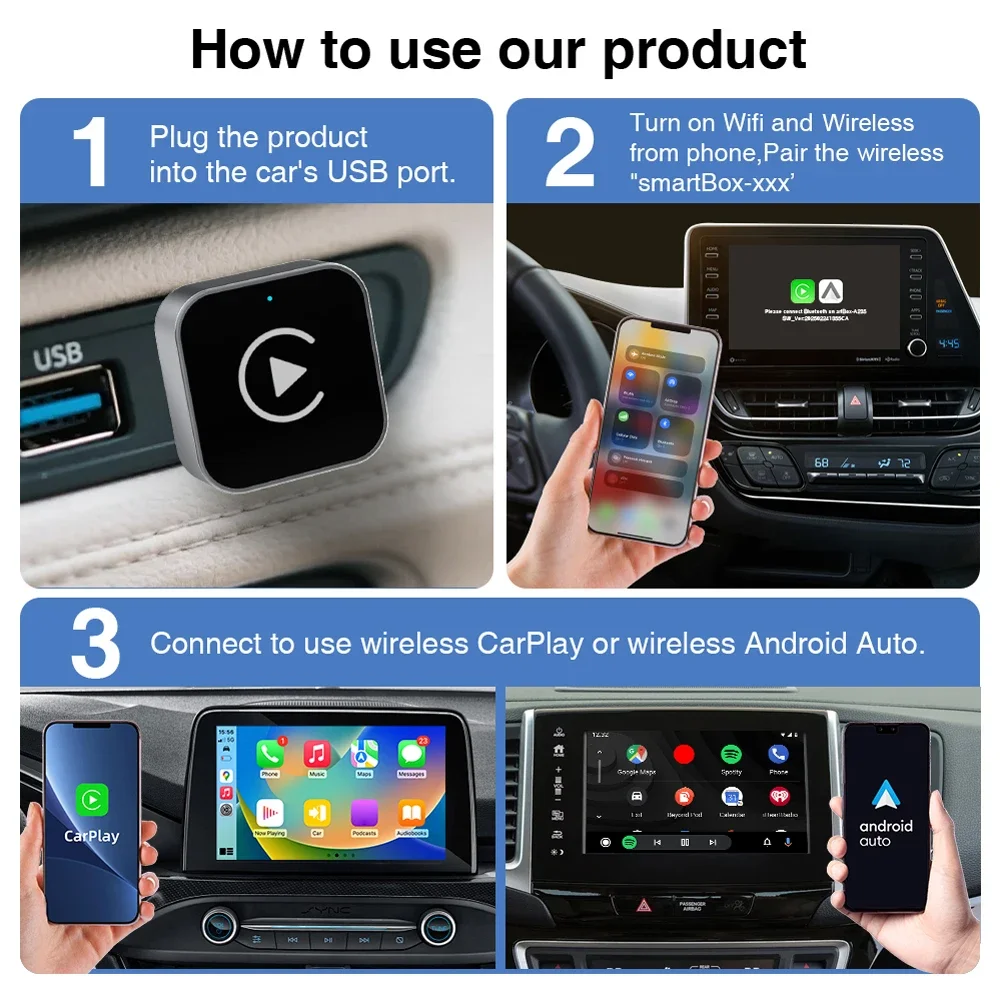 2 في 1 محول Carplay Android Auto اللاسلكي إلى محول carplay اللاسلكي لهاتف iPhone اللاسلكي للتحكم في التوصيل والتشغيل Carplay