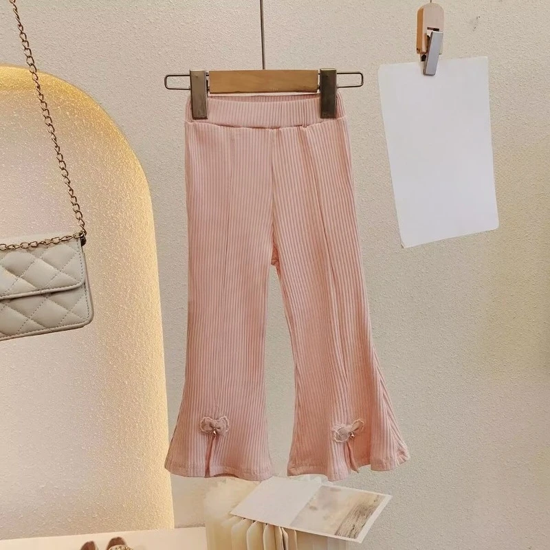 Pants Bow Bell Bottom Trousers Girls Spring Autumn Cute Leggings Childrens Comfortable High Casual Trousers Trendy 2025