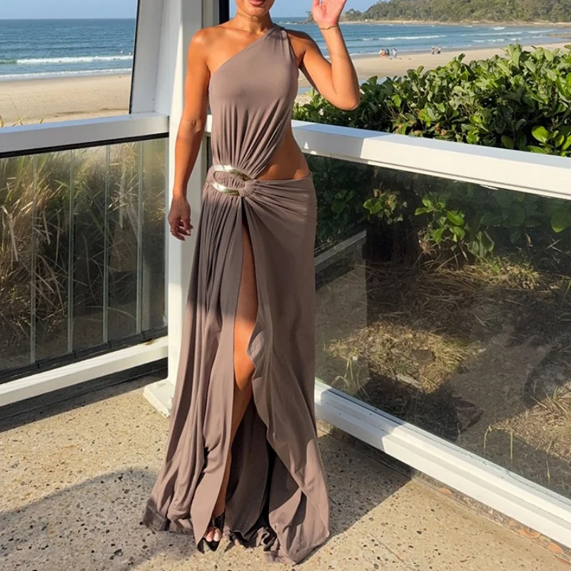 

Women's Sleeveless High Slit Dress Winter Fashion Sexy Slant Neck Exposed Side Seam Solid Color Casual Elegant Gown