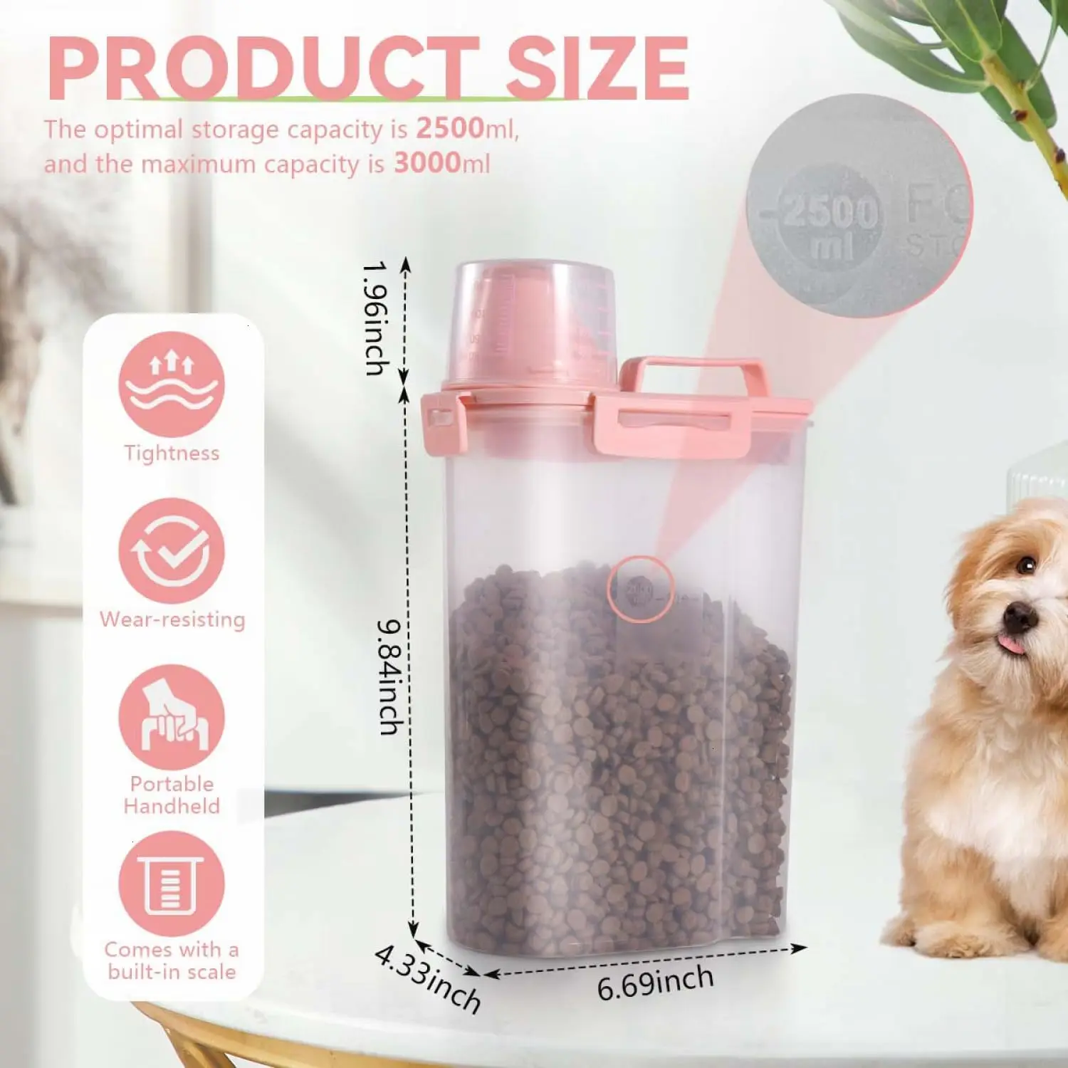2,5 Pfund BPA-freier Tiernahrungsbehälter mit Messbecher, 3 l für Katzen, Hunde, Vögel – Rosa