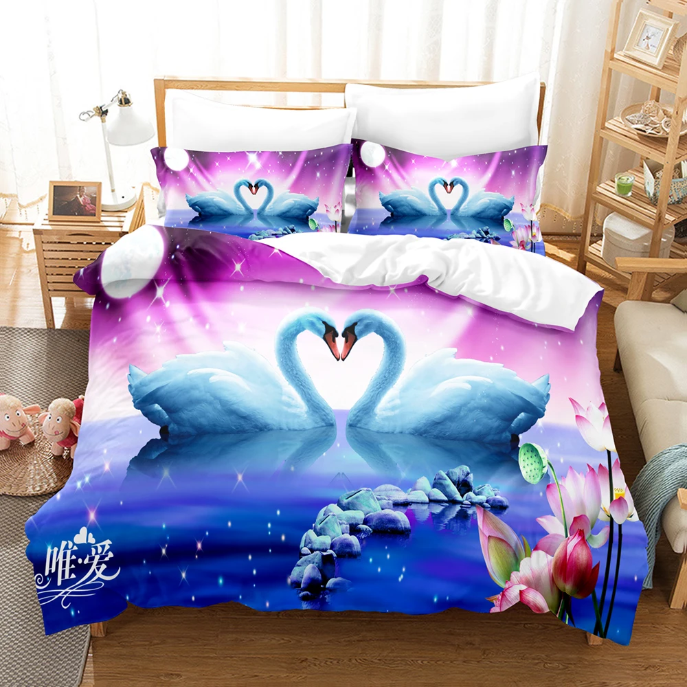 

3D Anime SwanBedding Sets Duvet Cover Set With Pillowcase Twin Full Queen King Bedclothes Bed Linen