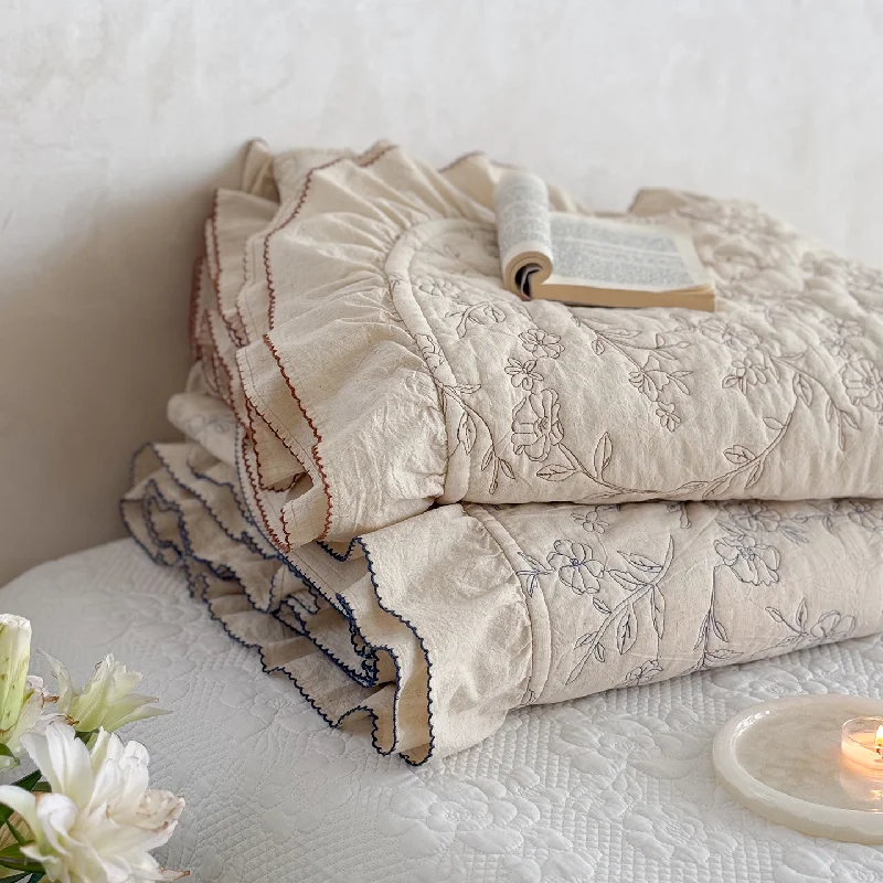 Cotton Linen Blend Quilted Bedspread Set 3PCS, Embroidered French Lace Coverlet, Lightweight Stitched Quilt All Season Bedding