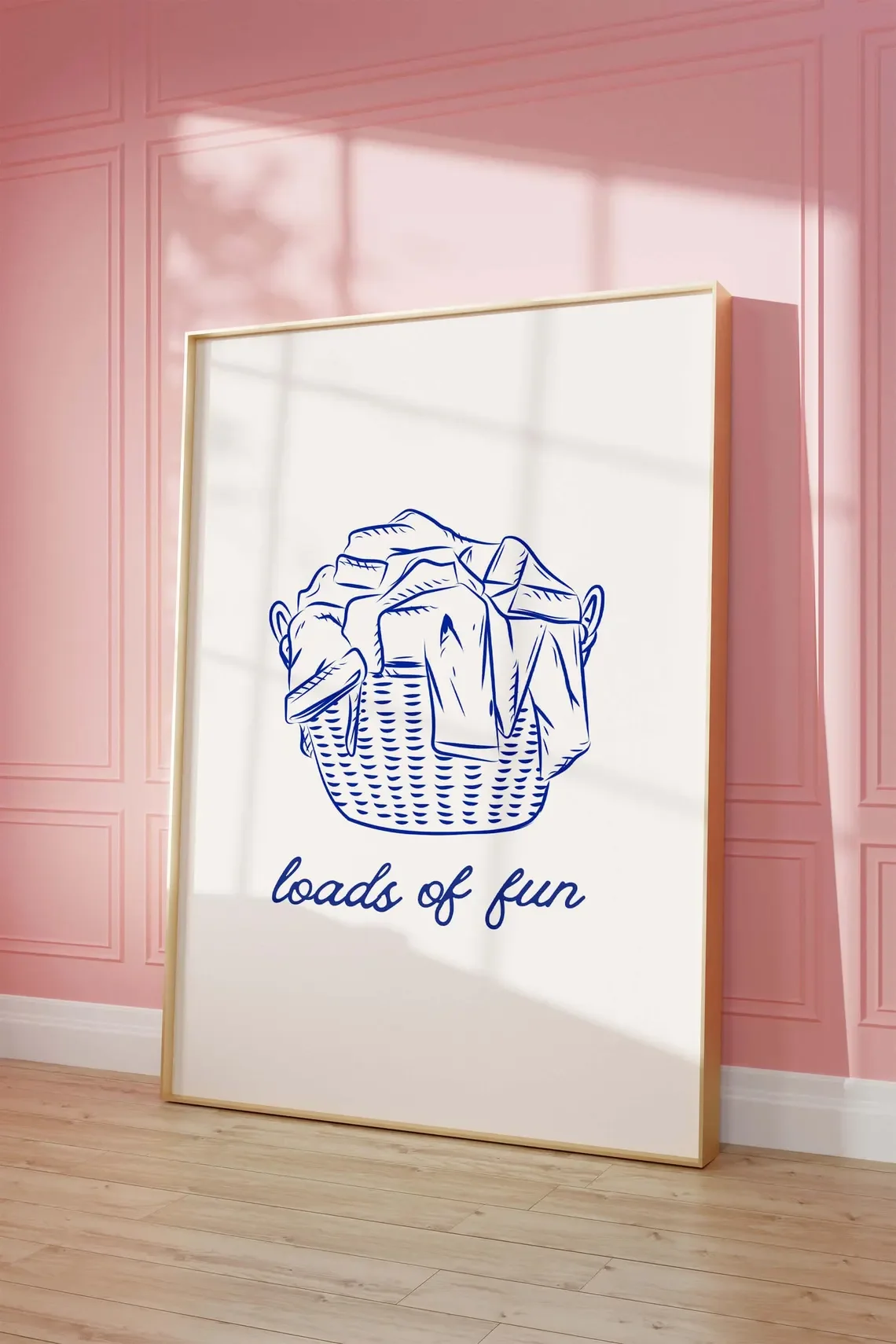 Cheerful Laundry Day Wall Art - Whimsical Line Drawing Print Celebrating the Humor of Household Chores. The delicate blue linewo view 4
