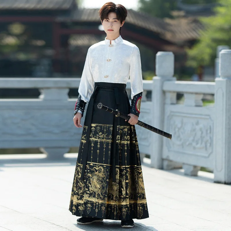 Traditional Chinese Hanfu Pleated Skirt Ming Dynasty Men Women Mamian Skirt  Ancient  Hanfu Rose Vintage Stage Horse Face Skirt