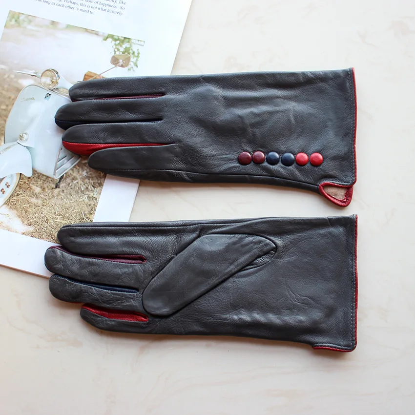 Guantes de cuero de colores para mujer, forro de terciopelo, estilo Simple, cálido, de piel de oveja, para Otoño e Invierno