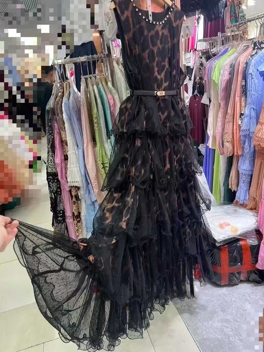 فساتين VGH أنيقة بطباعة الفهد بقماش شفاف للنساء بياقة دائرية بدون أكمام وخصر عالٍ وكشكشة مرقعة للحفلات فستان ماكسي للسيدات #2