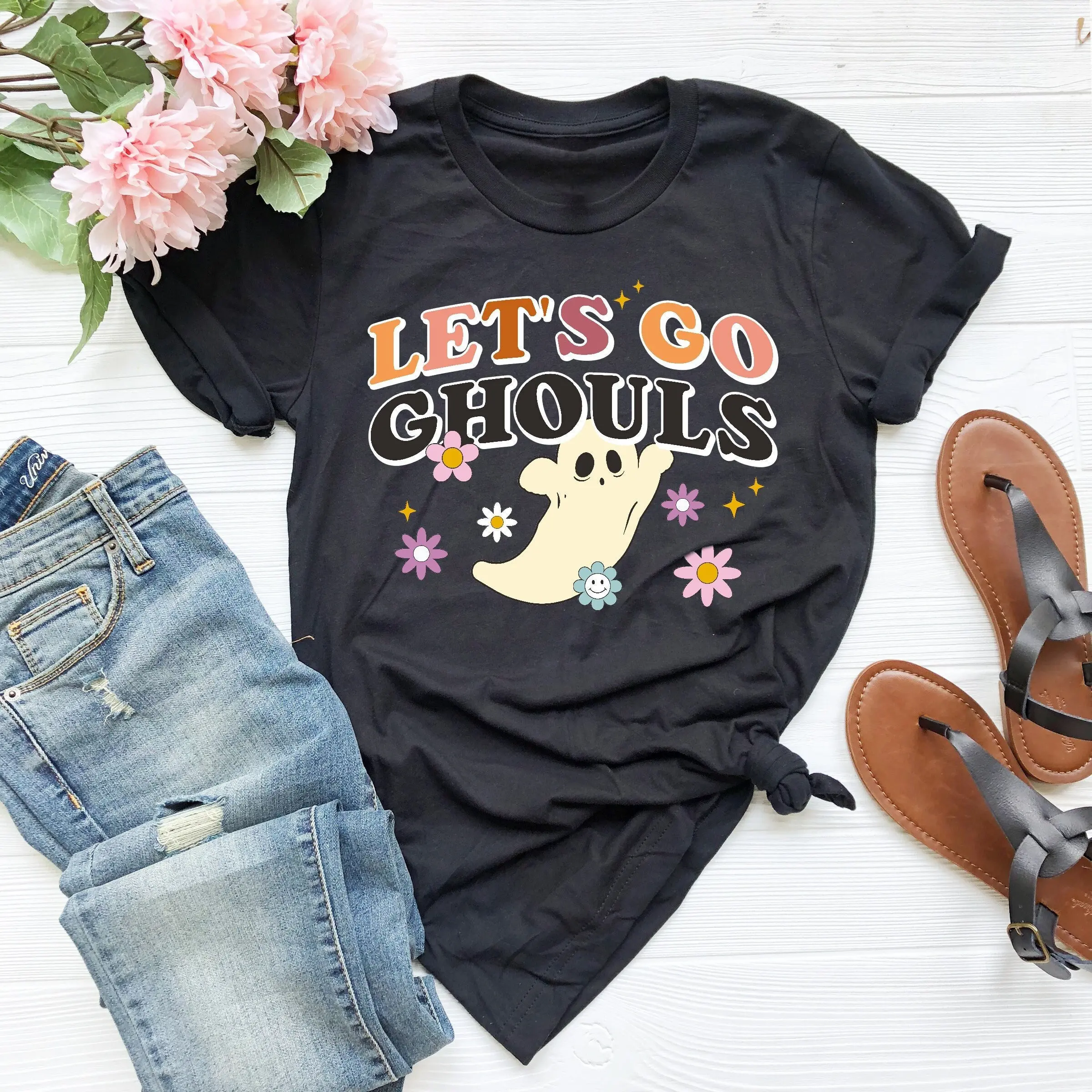 

Ghosts T Shirt Halloween Let'S Go Ghouls Retro Fall Spooky Season Funny Pumpkin