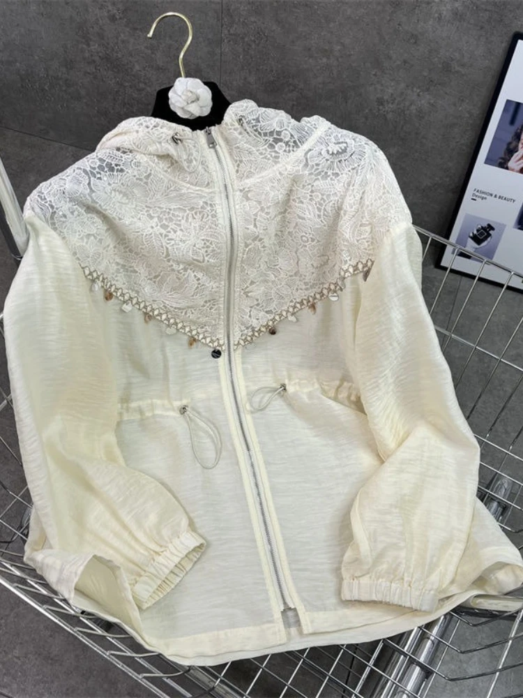 

Women's Lace-Trim Sun Jacket - Hooded Long Sleeve Coat with Beaded Accents | Adjustable Waist Boho Spring/Summer Cover-Up