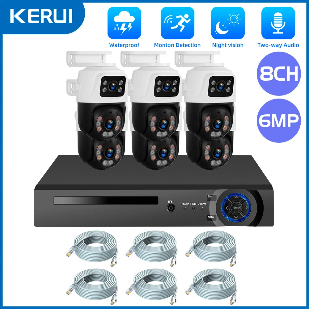 KERUI HD POE Surveillance 6MP 8CH Camera System Dual Lens PTZ WIFI IP 8CH POE NVR Video H.265 CCTV Home Security Kit