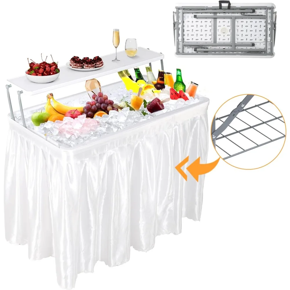 

2 Tier Folding Ice Cooler Table with Drain & Grid Rack, Portable Party Table with Matching Skirt & Carry Handle for Picnic Camp