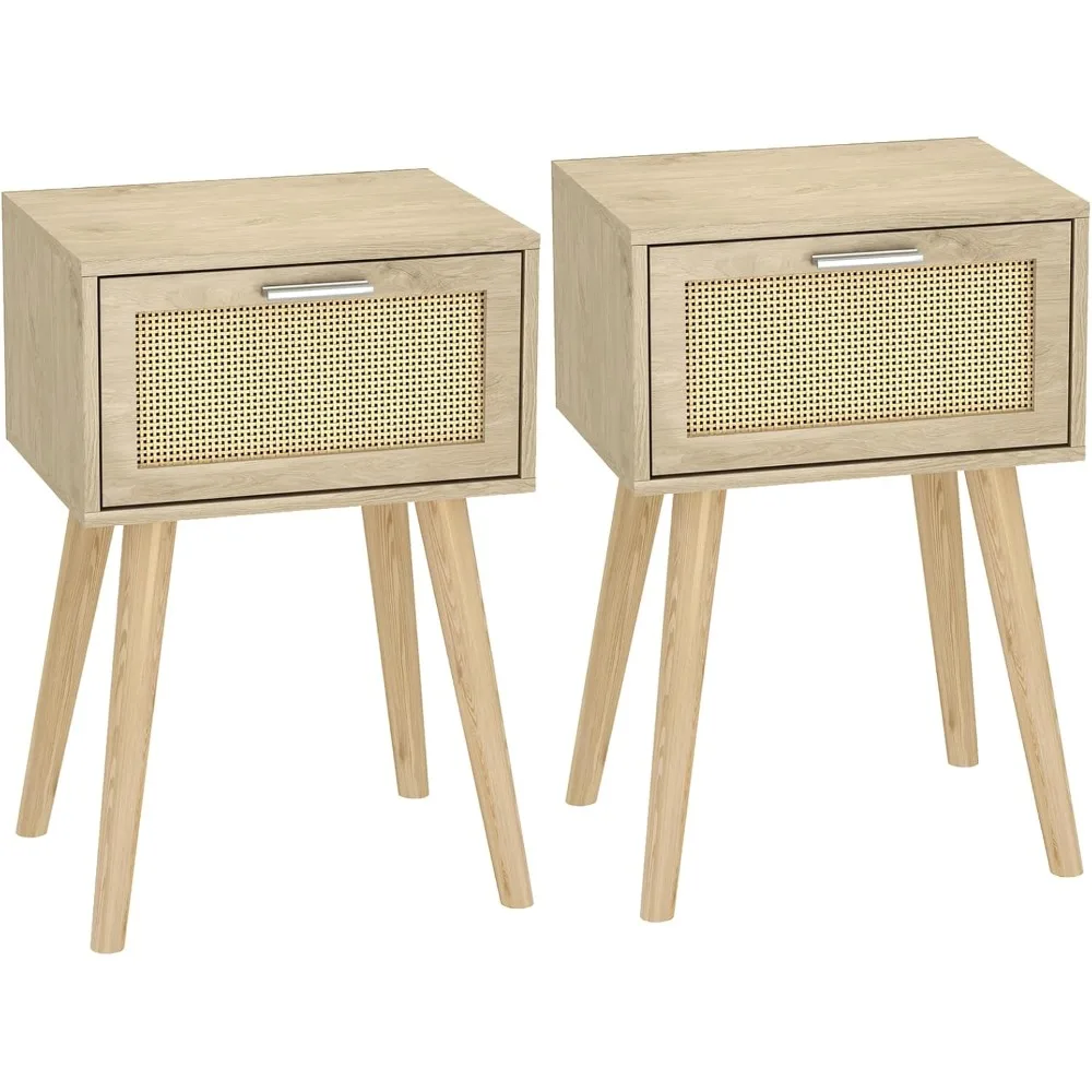 

Bedside Table Set of 2, Boho End Table with Solid Wood Feet for Bedroom and Living Room