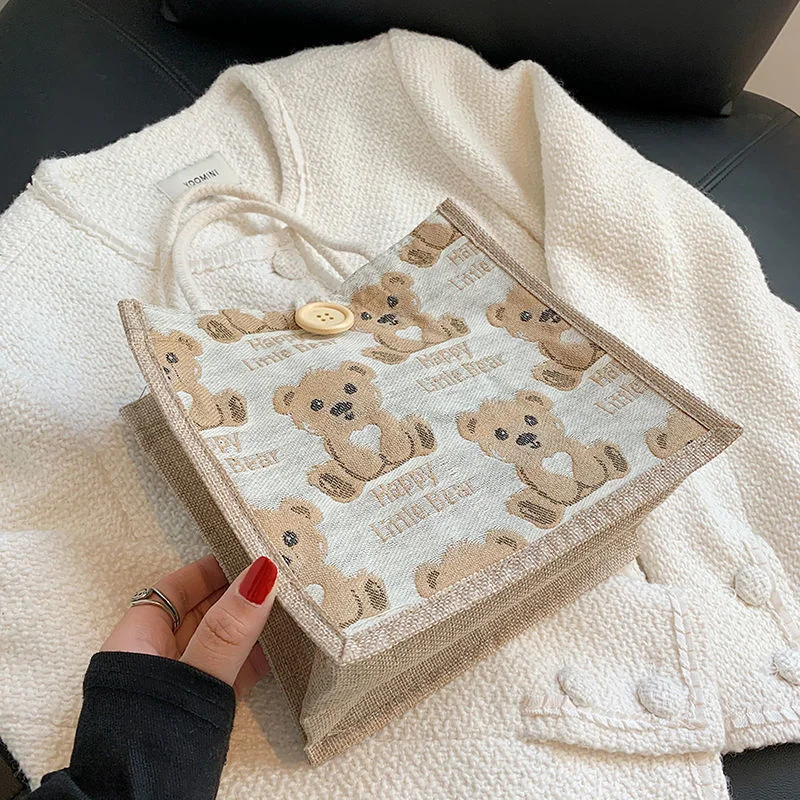 Bear Linen Tote Bag Female Outing Hand Bag 2022 Internet Celebrity Ins Japanese Small Shoulder Bag Student Shoulder Bag Trend