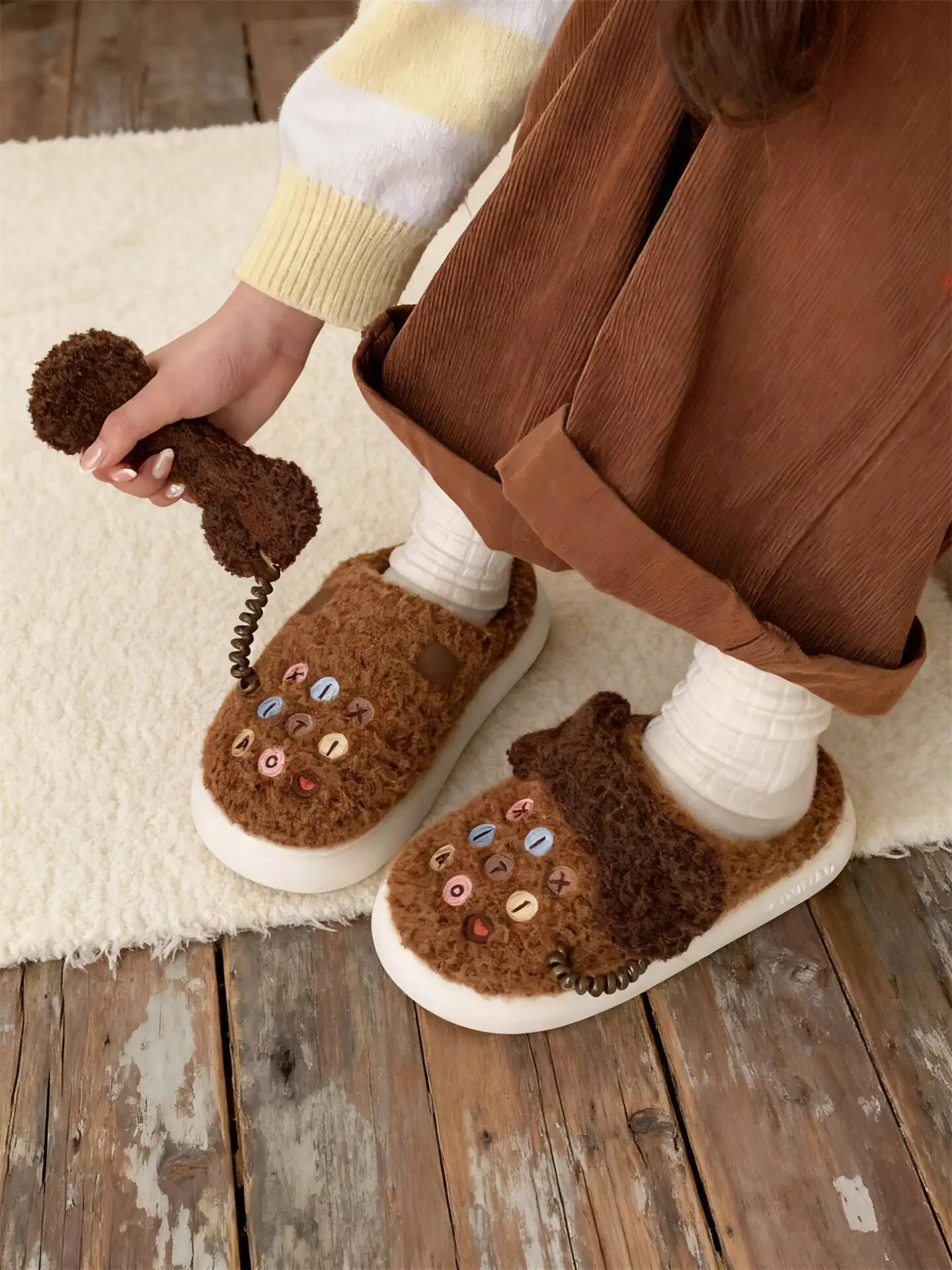 Women's Home Slippers Winter Fun Telephone Design Fluffy Shoes Home Warm Non Slip Soft Sole Cotton Slippers With Cute Style
