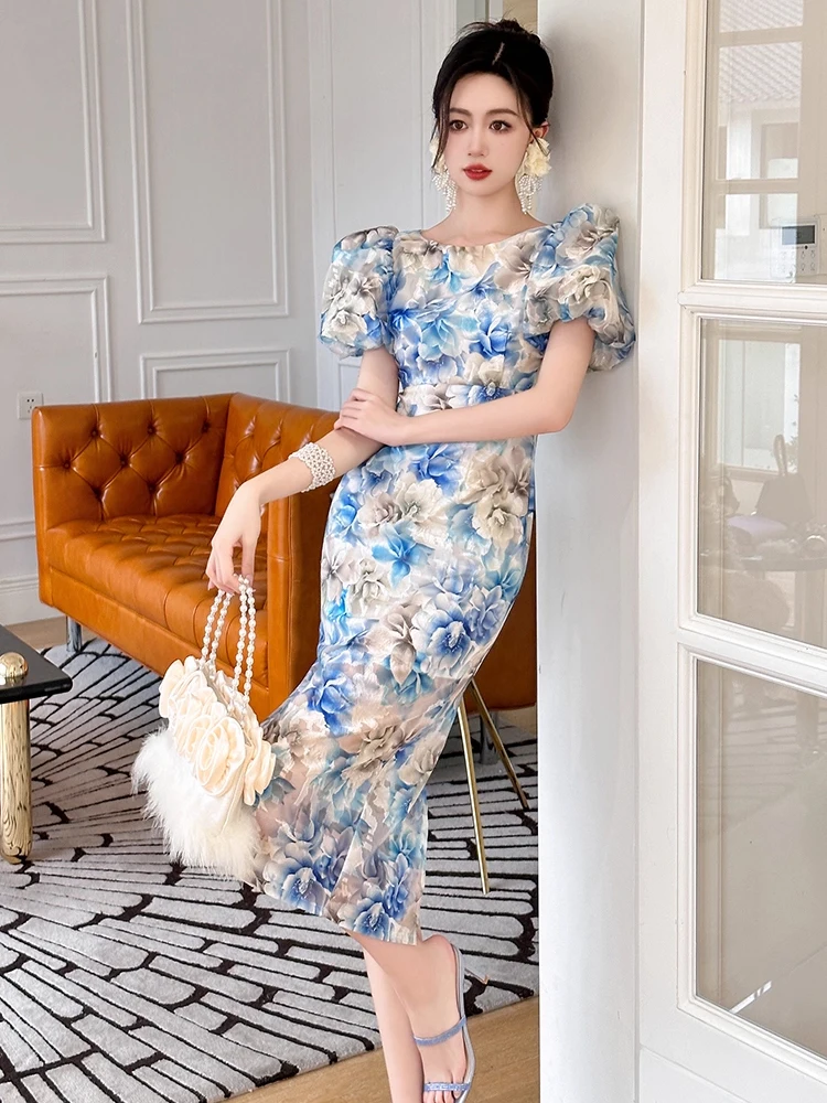 الصيف أنيقة المرأة مساء اللباس الرجعية شير مثير نفخة الأكمام ضئيلة فساتين متوسطة الطول حزب ثوب عطلة Mujer رداء فام Vestidos #5