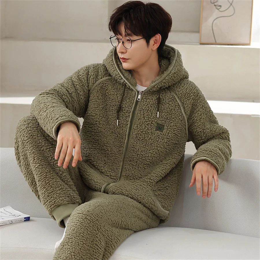 Men's Winter Pajamas Set Warm Sleepwear Hooded Home Suit Coral Fleece Zip-up Homewear 2 Piece Sets Men Loungewear