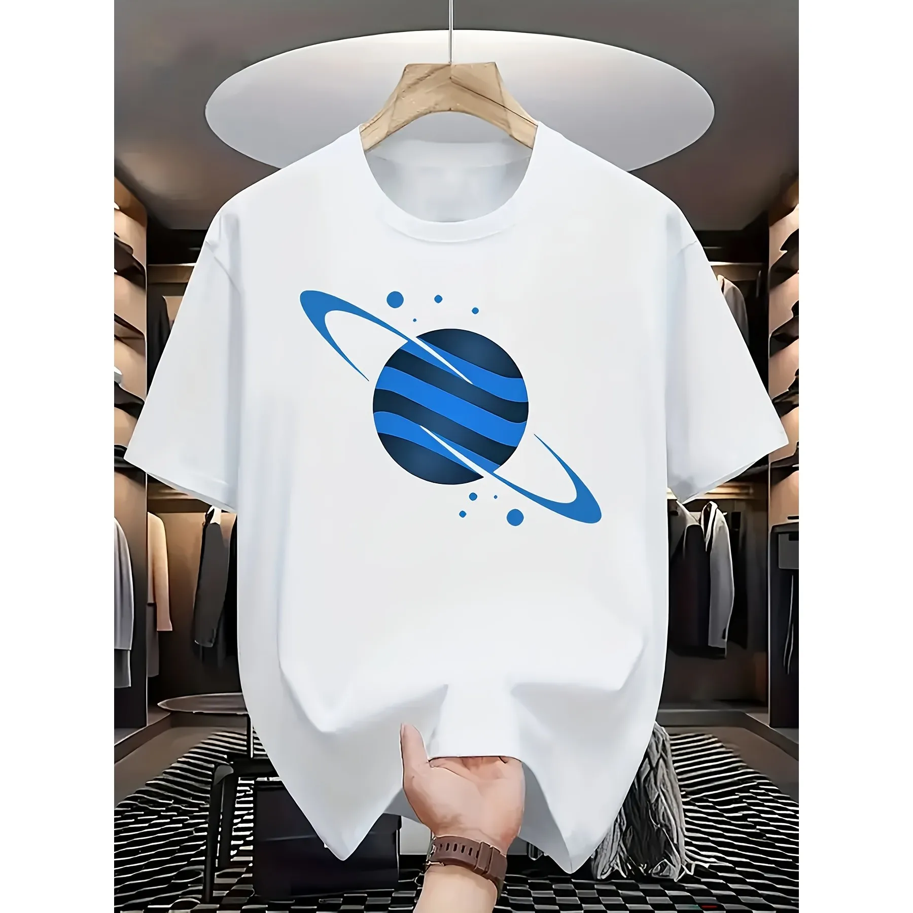 Blue Saturn Planet Graphic Tee Unisex Cotton Breathable Short Sleeve T-Shirt Daily Wear