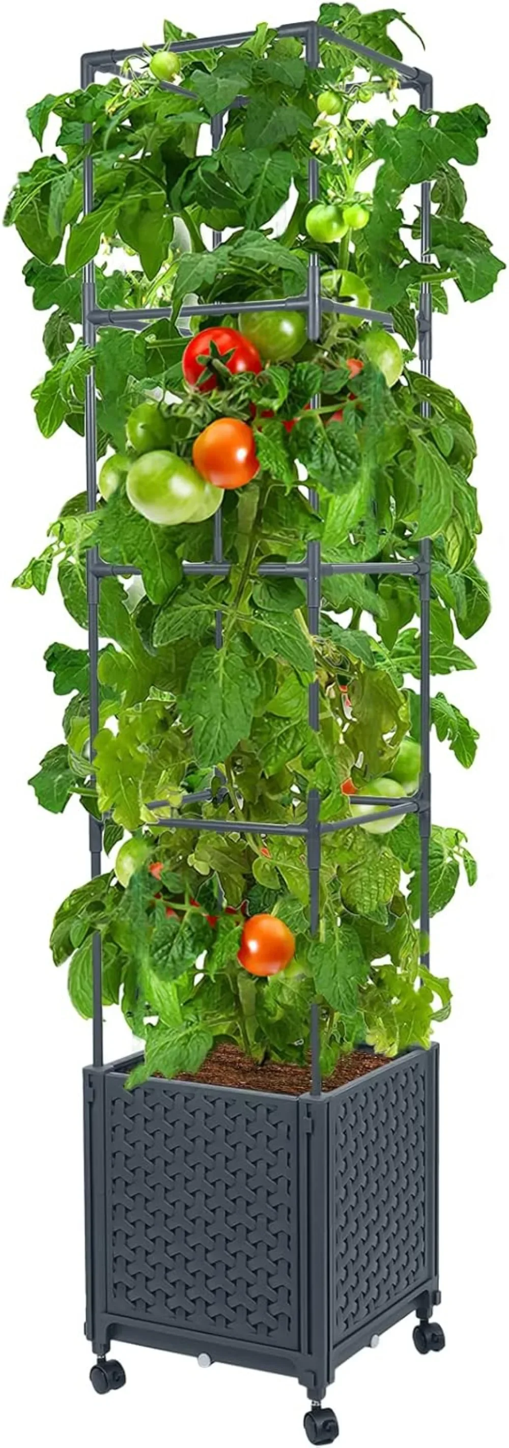 

56.7” Tomato Planters for Climbing Plants Vegetable Vine Flowers Outdoor Patio, Tomatoes Cage w/Self-watering & Wheels