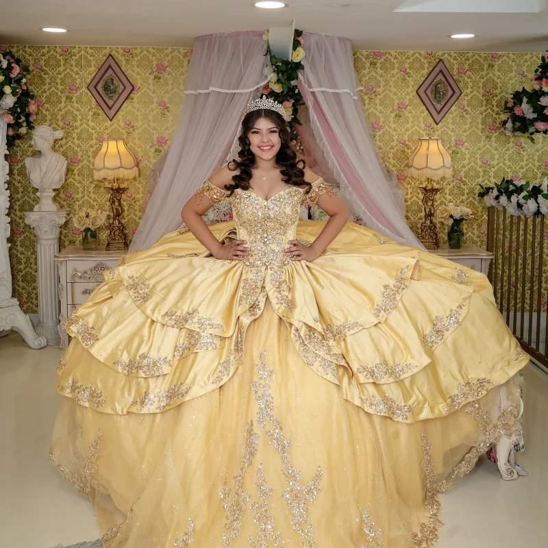 

golden Quinceanera Dress satin layering off-shoulder glitter crystal decal Tull Bow vestidos de 15 Quinceanera ﻿Customized