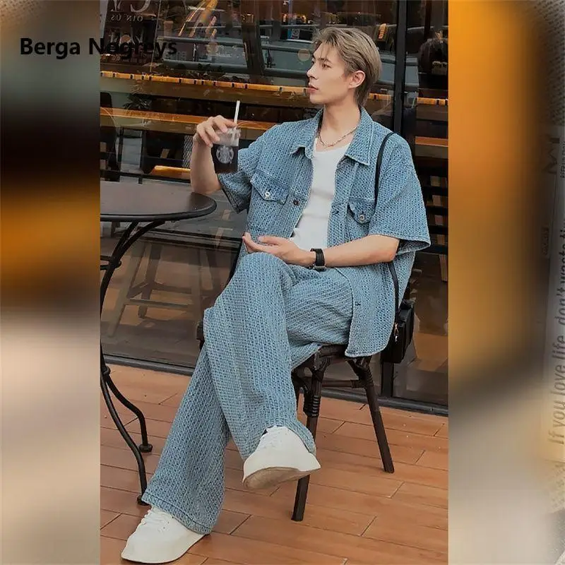 2024 Amerikaanse Retro Fashion Casual Zomer Oversized Slanke High Street Design Denim Pak Voor Heren En Dames Tweedelig