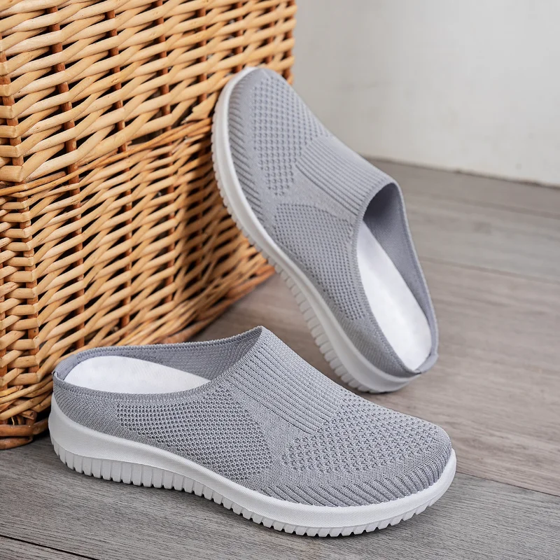 Polyester Backless Slip On Mom Mules Women Breathable Non Slip Soft EVA Insole Low Heel Daily Walking Casual Shoes