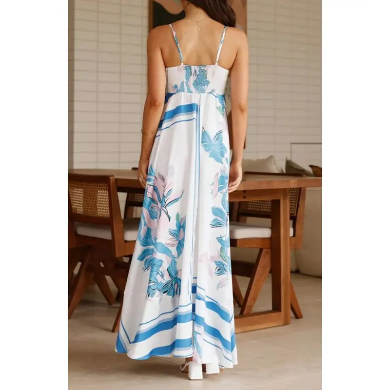 Combhasaki Donna Estate Boho Beachwear Tracolla sottile regolabile Collo quadrato Stampa floreale A-line Cami Slip Abito lungo fluido