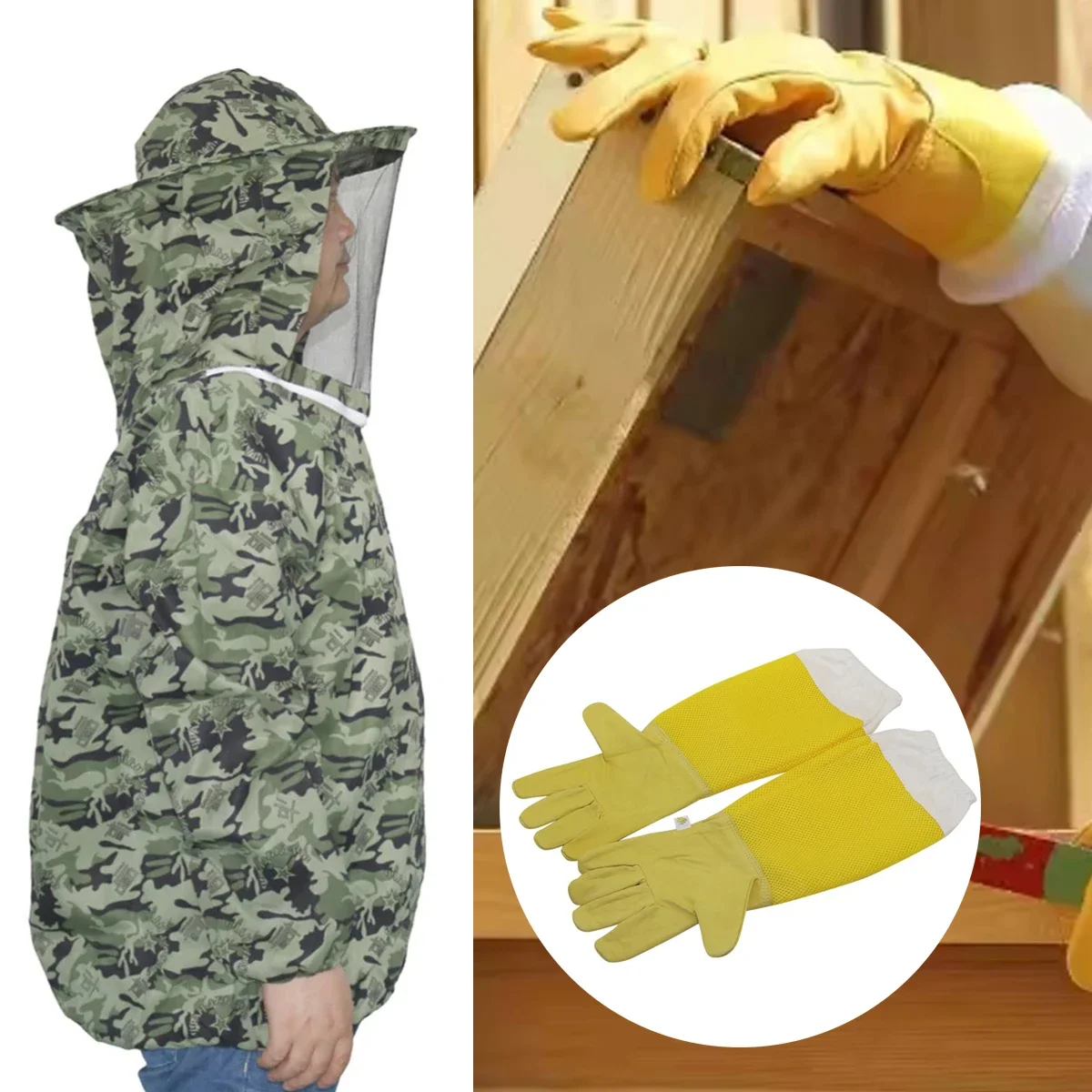 1 Set Bee-Proof Suit and Gloves Kit Camouflage Half-Length Breathable Bee Clothes with Hat Outdoor Protective Beekeeping Tools
