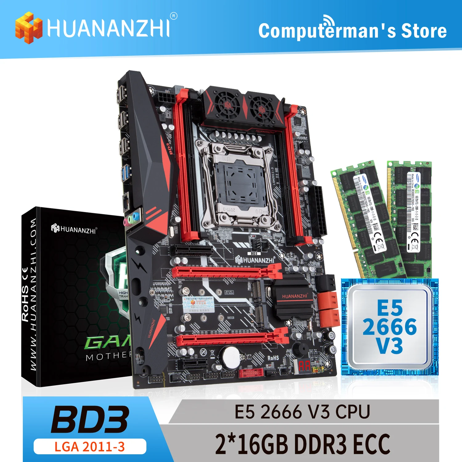 

HUANANZHI X99 BD3 LGA 2011-3 X99 Motherboard combo kit set Intel XEON E5 2666 V3 with 2 *16G DDR3 RECC memory M.2 NVME NGFF