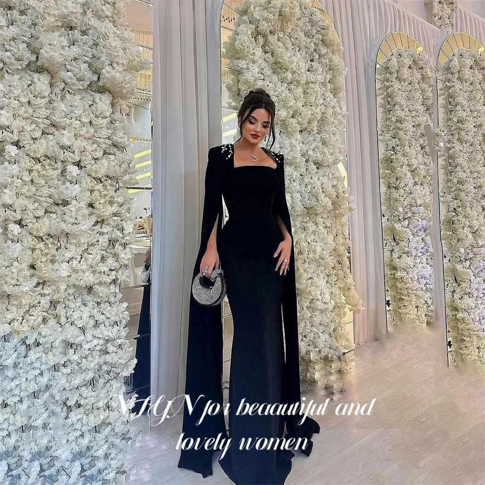 

NFYN Black فساتين السهرة Square Neck Evening Dress with Crystal Formal Gown Long Sleeves Night Dresses Customized