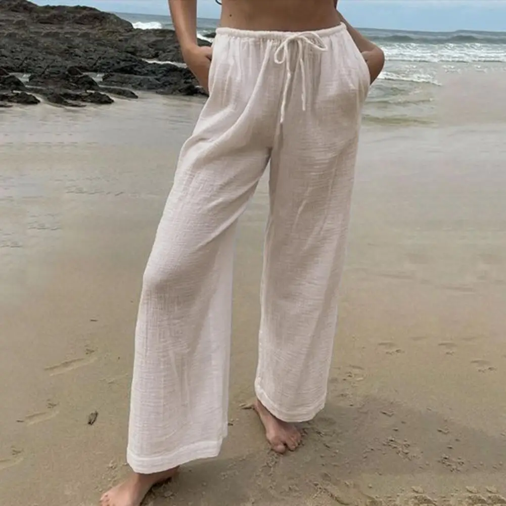 Solid Color Bottoms Elastic Waist Pants Stylish Women's Wide Leg Pants with Elastic Waist Pockets for Spring Summer for Ladies