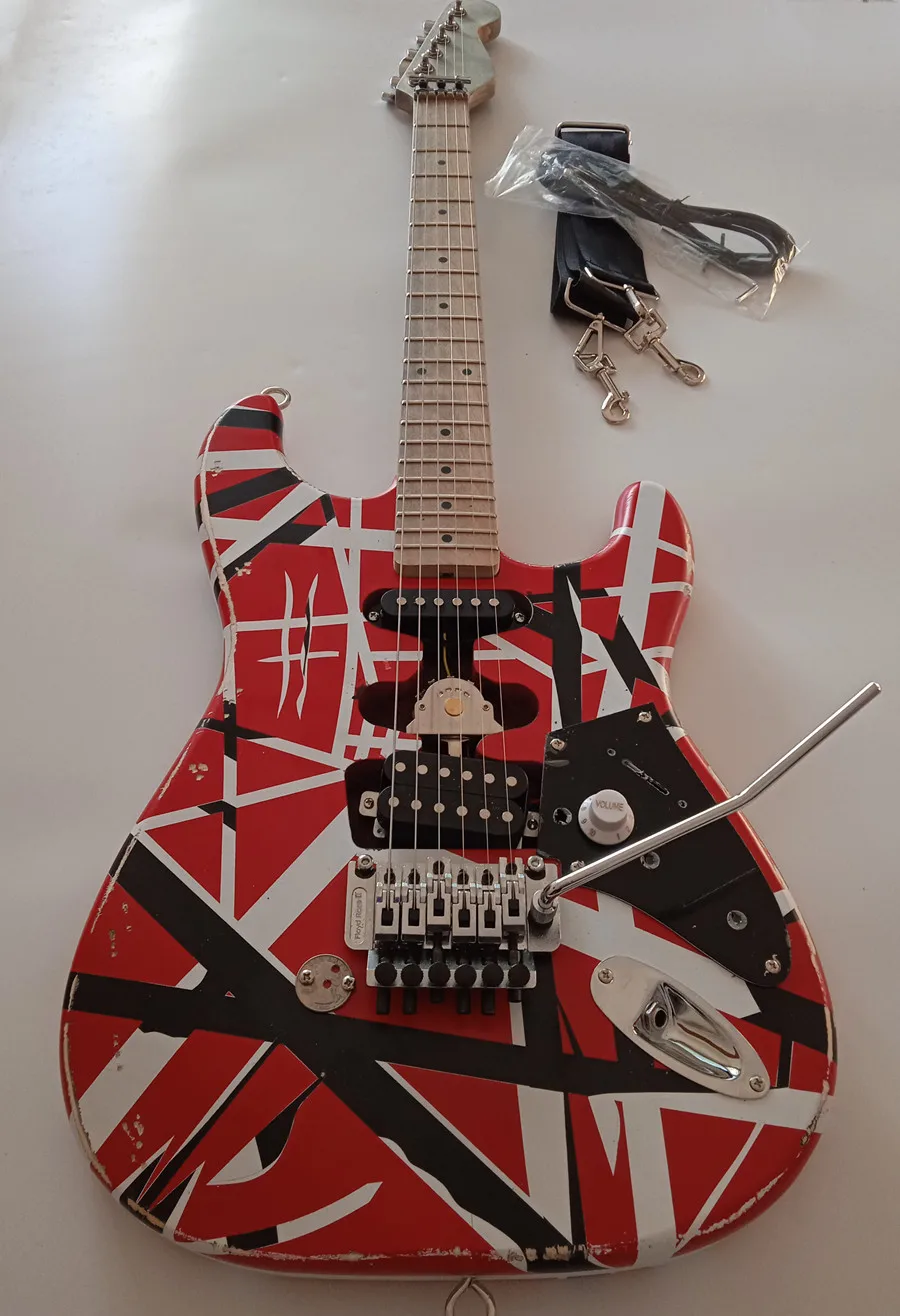 

Electric Guitar Full Size Eddie Van Halen Heavy Relic Red Franken Black White Stripes Floyd Rose Tremolo Bridge Frankenstein