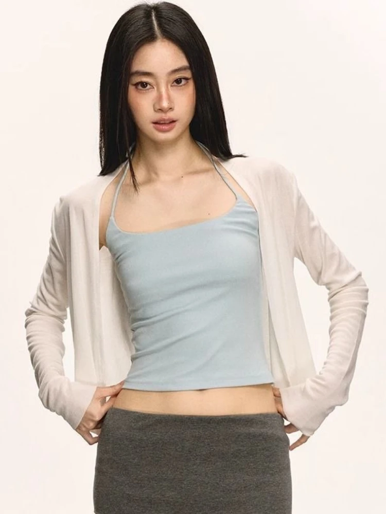 Summer Sun Protection Y2k Aesthetic Women Cardigan Harajuku Solid Fairy Casual Pull Femme 2026 Long Sleeve Grunge Cropped Tops
