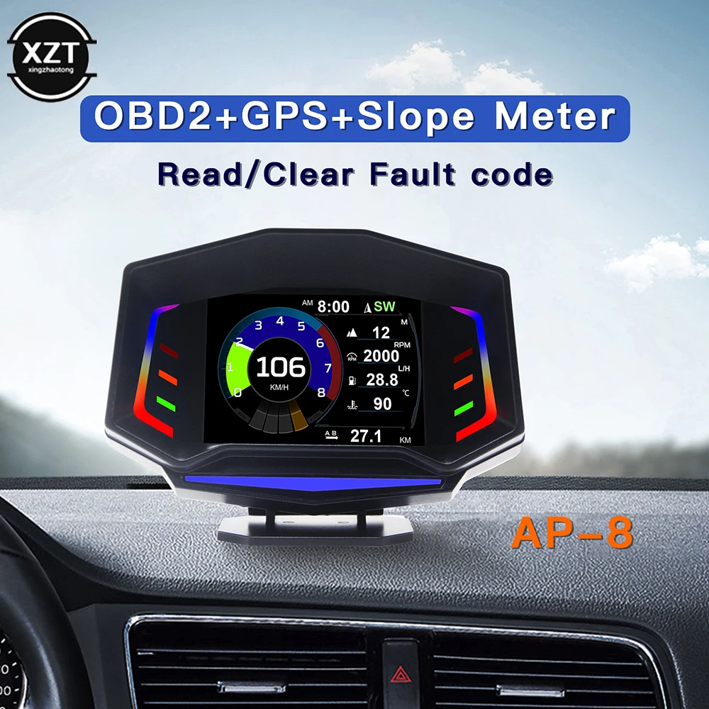 

AP-8 Car Universal Heads Up Display Gauge Multifunctional LCD computer OBD2+GPS+G-Seneor Electronic Slope Sensor System