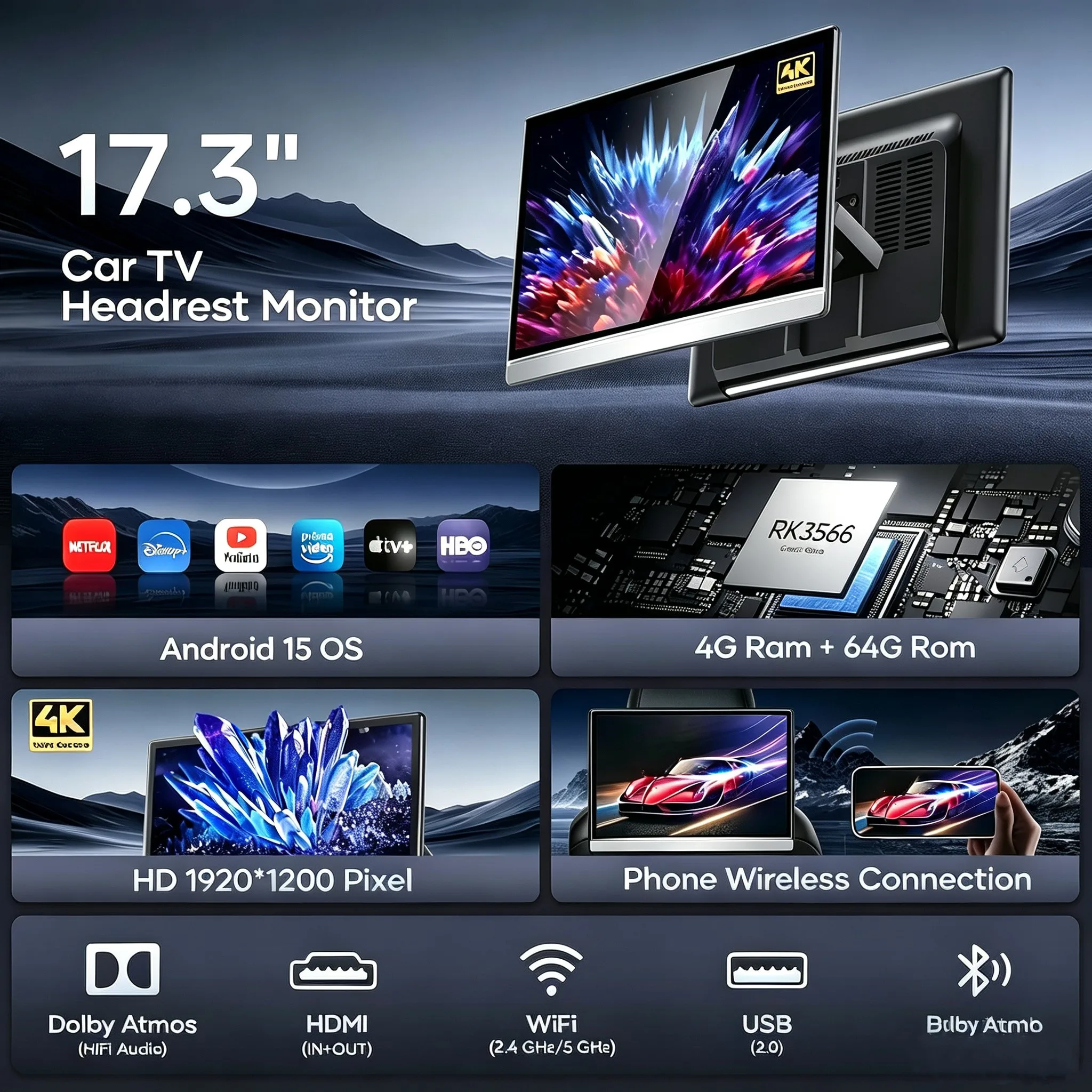 17.3"Car TV Headrest Monitor 4K Android15 8+128G Tablet Rear Seat Entertainment System Mirror Link 5G WiFi/HDMI/USB/Video Player view 3