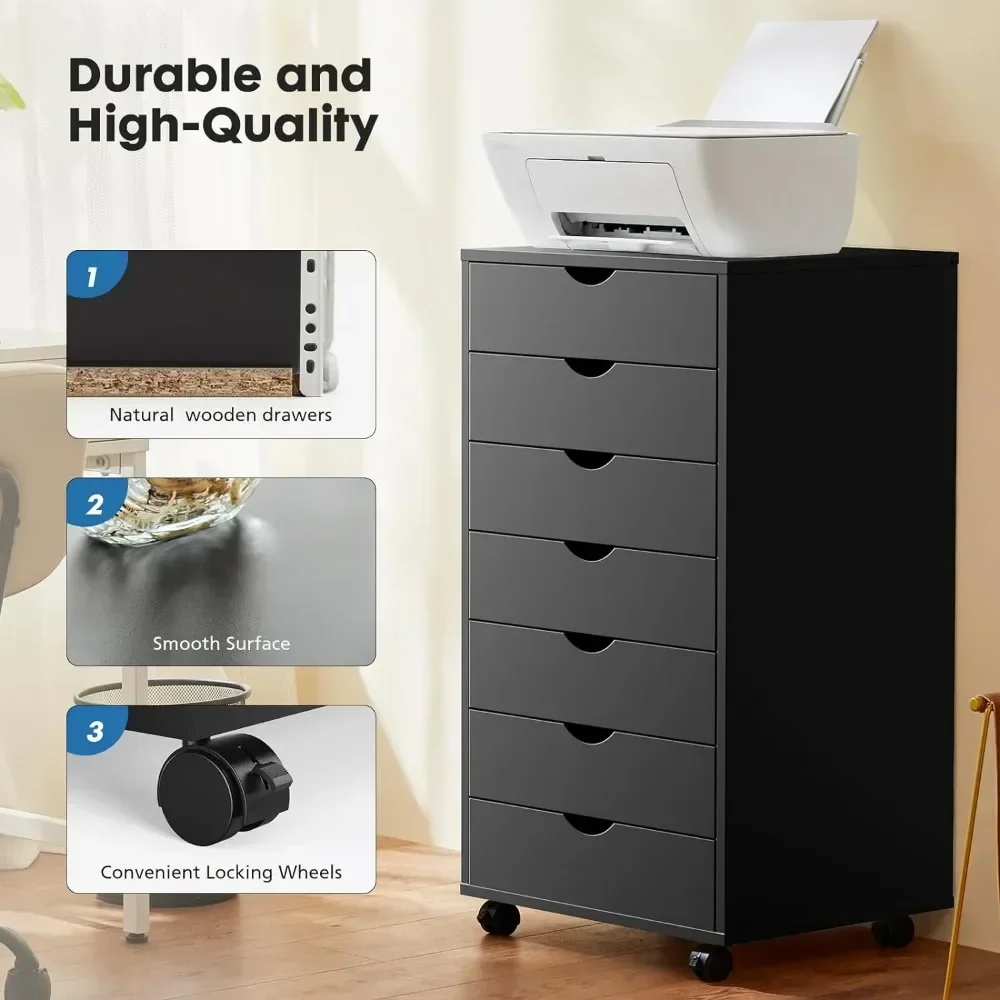 7MELChest-Commode de Rangement à Roulettes pour Bureau à Domicile, Meuble de Rangement en Bois, Noir
