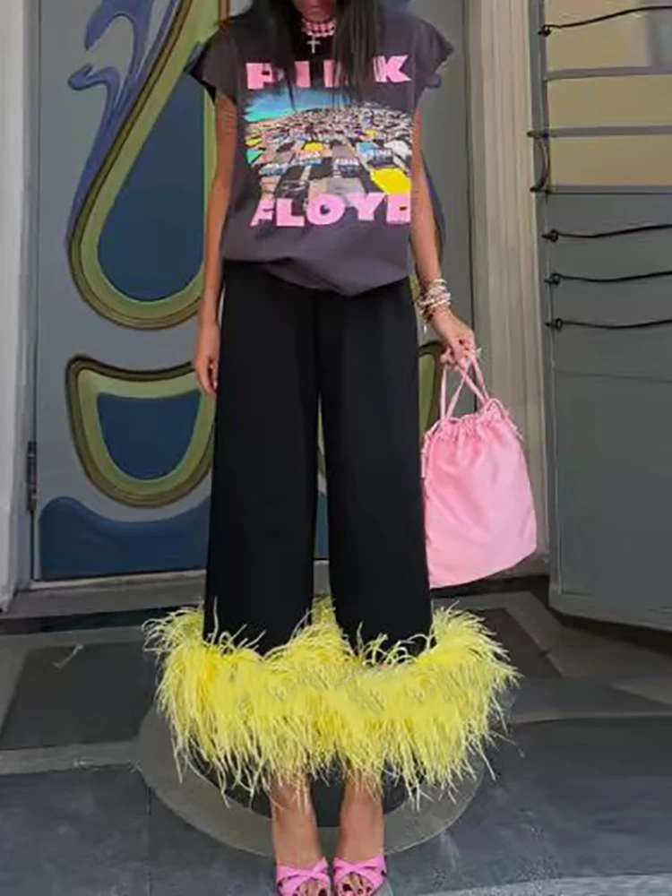 Casual High Waisted Autumn Women's Pants Fashion Solid Color Performance Party Trousers Chic Feather Splicing Straight Leg Pants