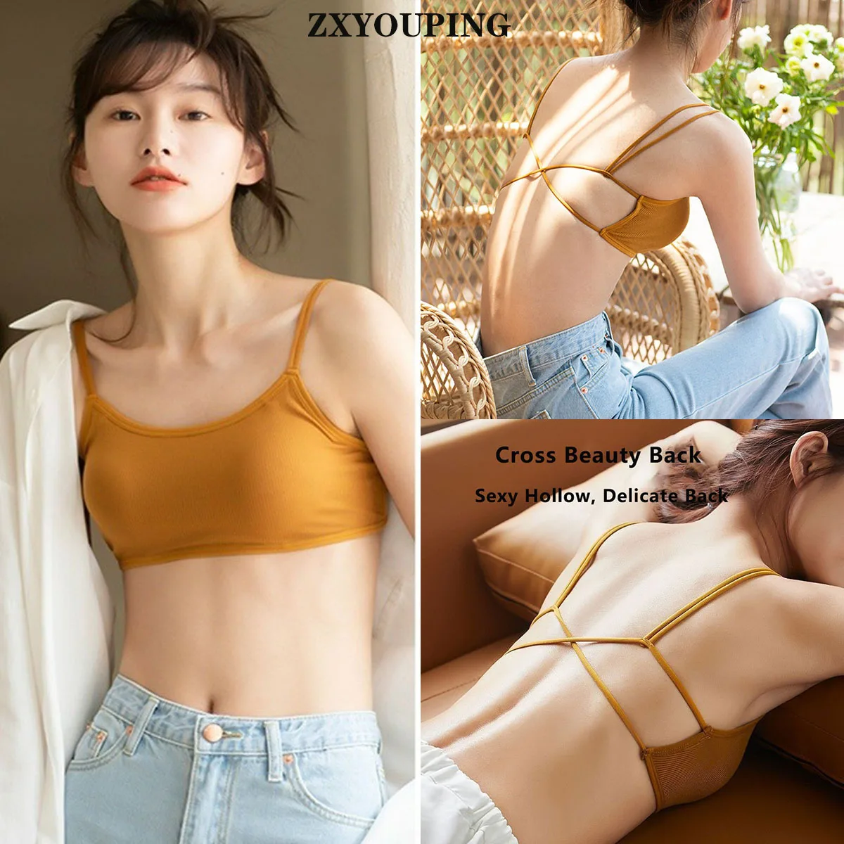 ZXYOUPING Women Sexy Crop Top Bra，Strapless Bra Cross Beautiful Back Top，Bra with Pad Push Up Wireless Bra，Comfortable Padded Br