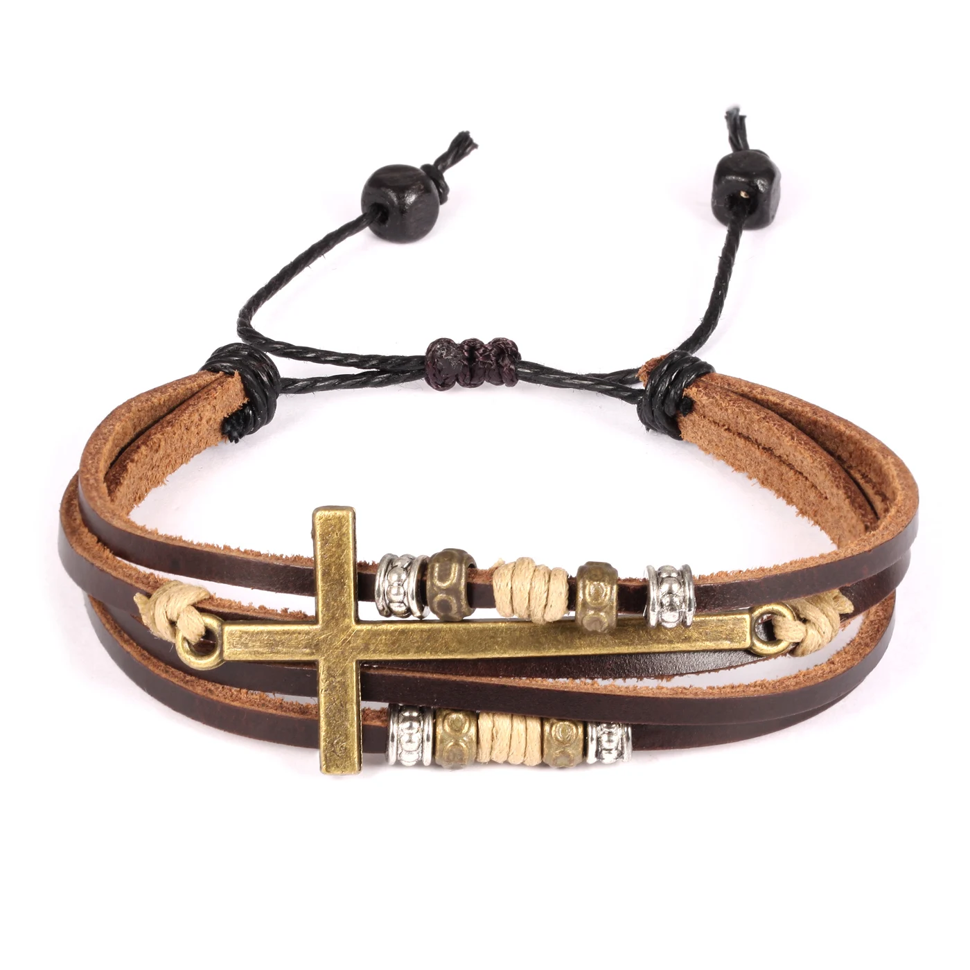 

Men’s Roman Cross Beaded Leather Bracelet – Vintage Hip Hop Style Multi-Layer Wristband, Fashion Street Accessory