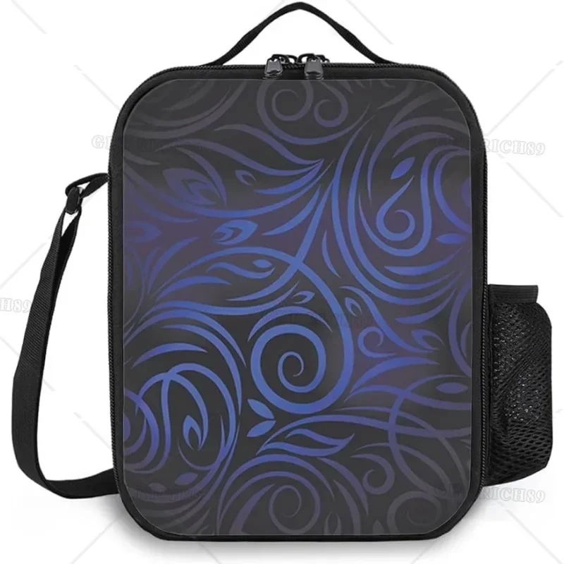 Antique Swirled Floral Effect Dark Blue Insulated Lunch Bag for Women/Men Reusable Lunch Box with Strap for Office Work Picnic