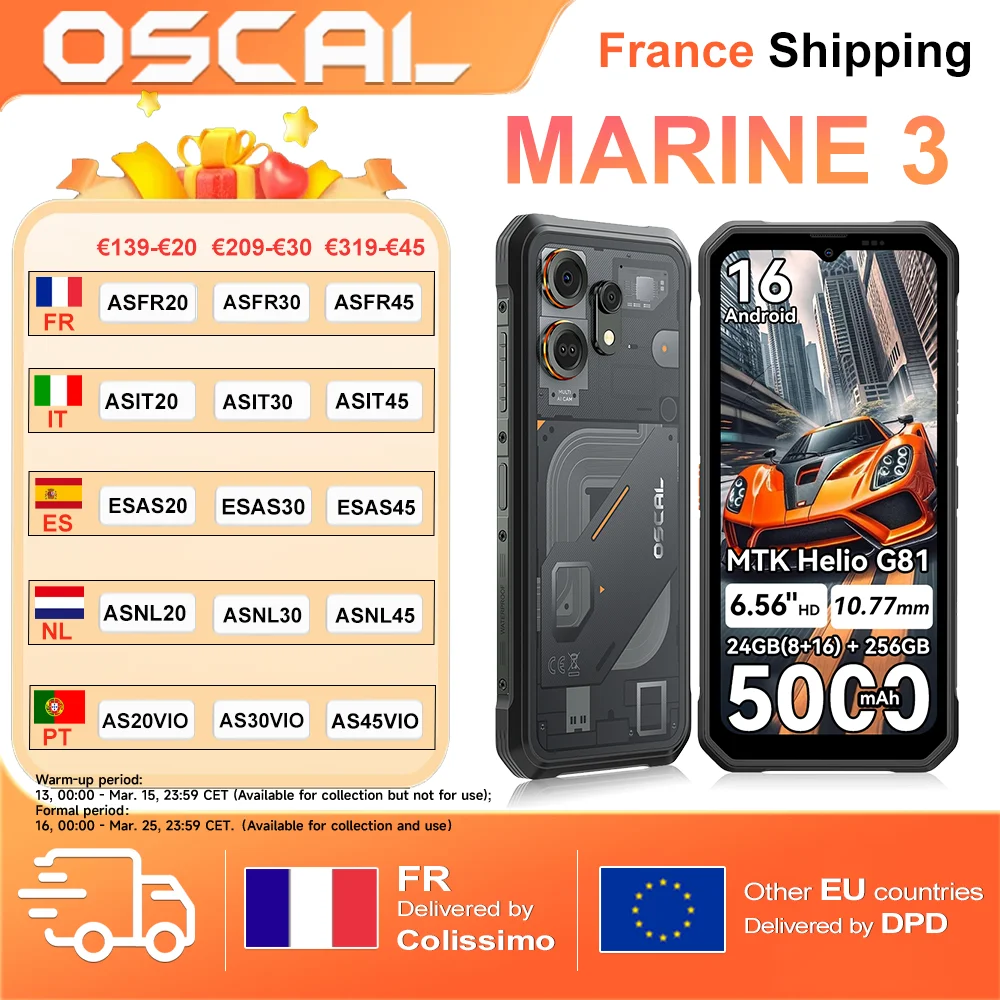 Smartphone robuste Blackview OSCAL MARINE 3 Android 16 24 Go (8+16) + 256 Go, écran HD 6,56 pouces, batterie 5000 mAh, cadre fin 10,77 mm, processeur MTK Helio G81 Octa-core