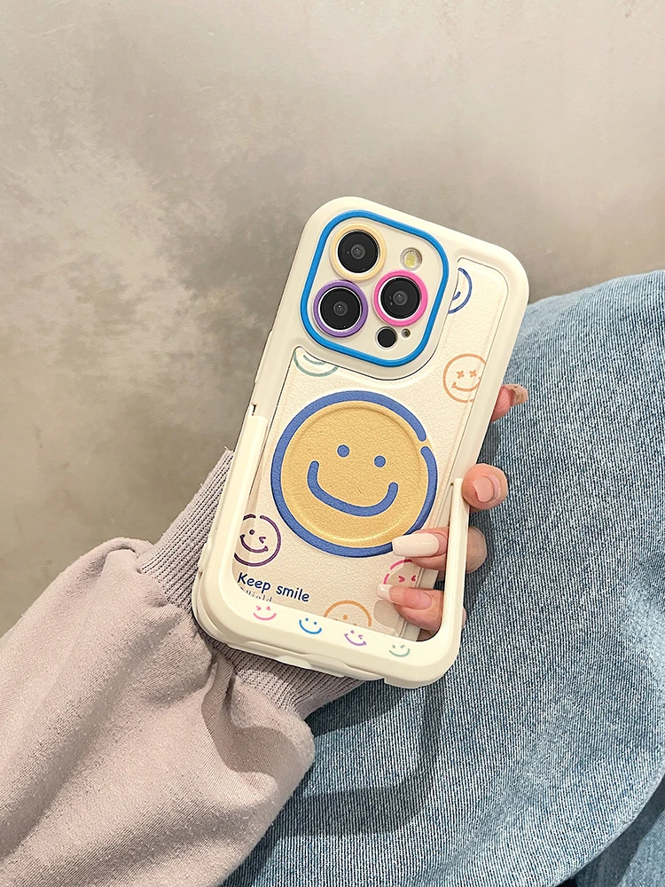 Cartoon Smile Leather Magnetic Wireless Charge Invisible Bracket Case For iPhone 11 12 13 14 15 Pro Max Plus For Magsafe Cover