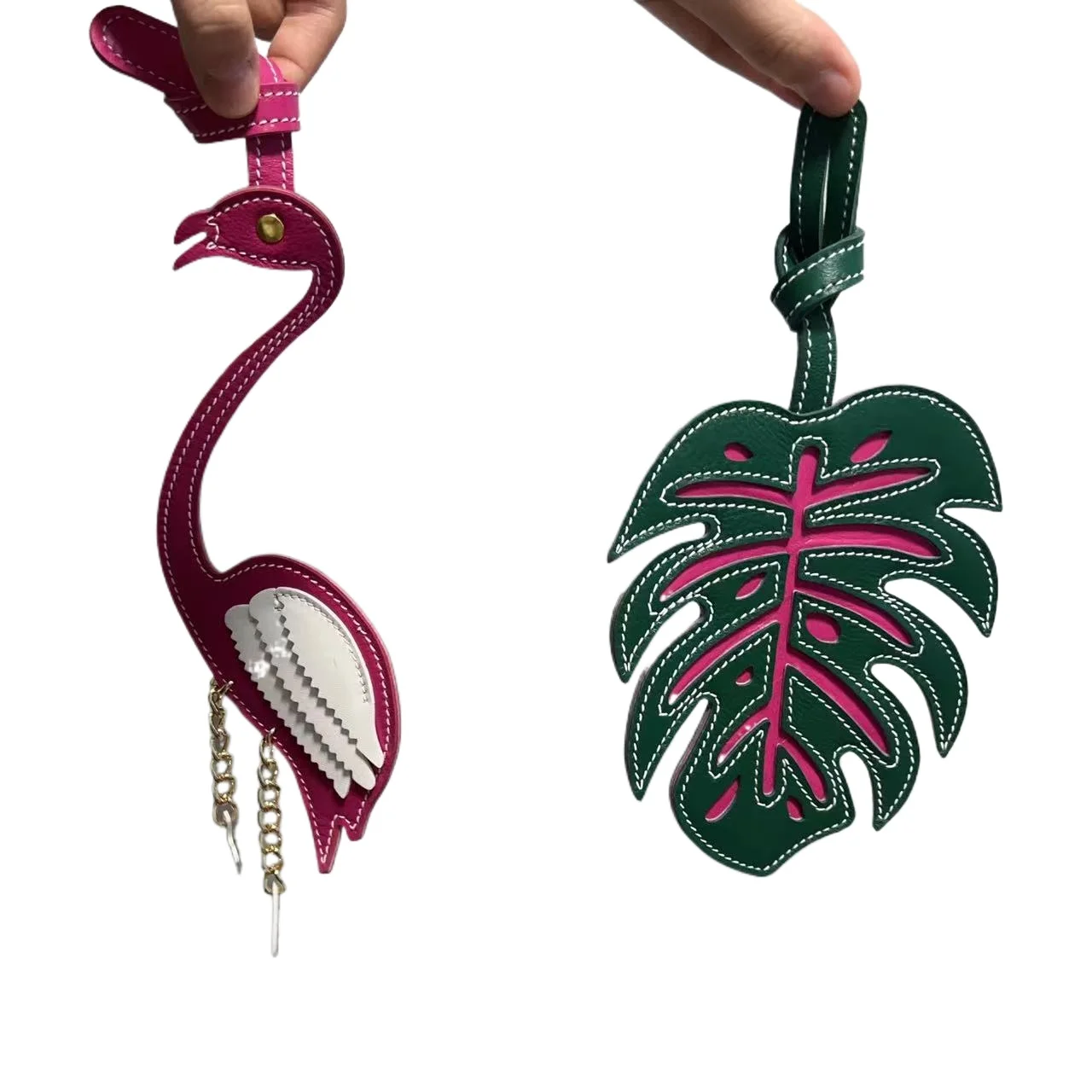 Genuine leather small flame bird leaf keychain creative handmade retro design unique niche bag pendant Shaped pendant trinkets